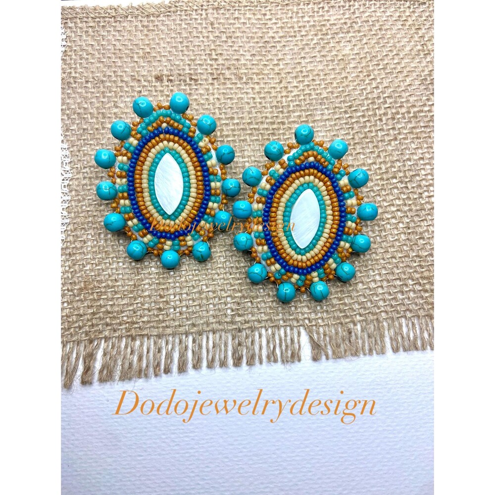 Handcrafted Turquoise and Gold Beaded Earrings, Unique Boho Chic Jewelry
